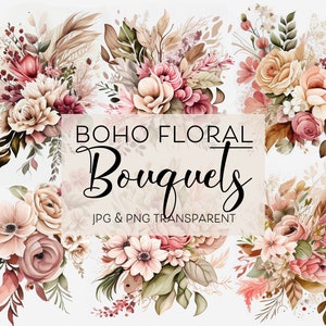 Pacote de clipart de buquê boho, buquê floral, flores boho, convites de casamento, adesivos, cartões faça você mesmo clipart arquivos PNG fundo transparente
