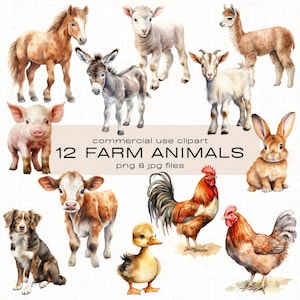 Farm Animal Clipart Bundle Watercolor Baby Animals Clip Art Set Horse Sheep Goat Chicken Rooster Duckling Llama Goat Donkey Cow Pig Rabbit
