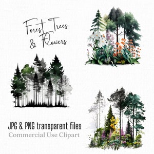 Wald Bäume und Blumen, 3er Set Clipart Bilder, 30x30 cm, Wald Bäume, Wald png, Wald Wand Kunst Drucke, Poster, Kommerzielle Nutzung