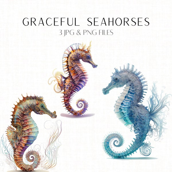 Graceful Seahorse Clipart, 3 Seahorses, Seahorse png, Sublimation Files for Tshirts, Mugs, Decals, Stickers, Invitations, DIY Cards, Collage