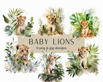 Baby Lions Clipart Bundle, Lion Cubs Clip Art, Cute Baby Jungle Animals, Lion png, Baby Shower Invitation Clipart, Nursery Decor Printables