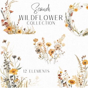 Pacote de flores silvestres escandinavas Buquê de flores silvestres Coroas de aquarela Clipart de aquarela Bordas florais neutras Clipart de casamento Clipart floral