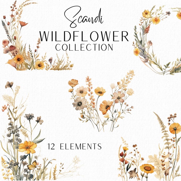 Scandi Wildflowers Bundle Wildflowers Bouquet Watercolor Wreaths Watercolor Clipart Neutrals Floral Borders Wedding Clipart Floral Clipart