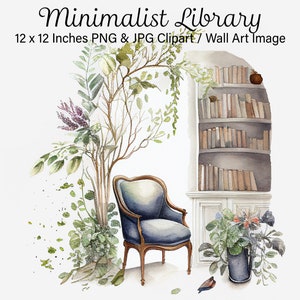Botanical Library Clipart, Secret Reading Room, Library Clipart, Minimalist Decor, Greeting Card Clipart, Junk Journal, Commercial Use