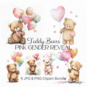 Osito de peluche con globos rosas, clipart para revelar el sexo del bebé, ositos de peluche bonitos, invitaciones para baby shower, etiquetas de regalo, tarjetas de felicitación, manualidades con papel