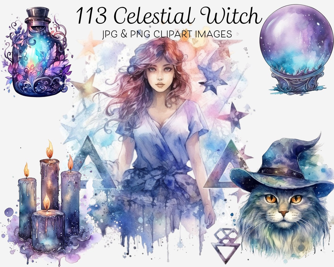 113 Celestial Witch Clipart Bundle Crystal Ball Witches Cat Raven