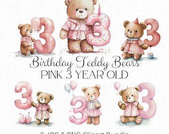 3歳の女の子のための誕生日クリップアートバンドル ピンクのテディベア 3歳の誕生日カードデザイン 昇華デザイン 誕生日招待状デコレーション