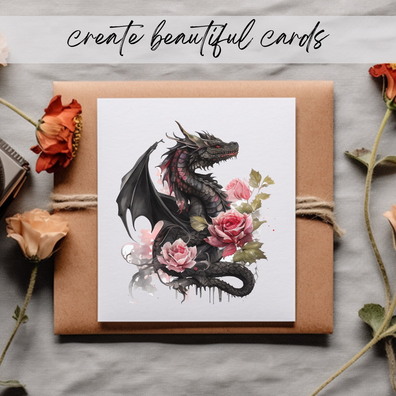 Dragon and Roses Watercolour Clipart Dragon Png Dragon Artwork ...