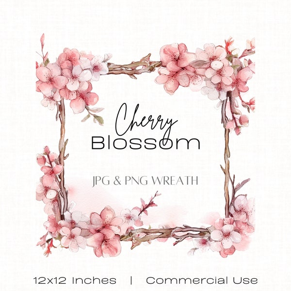 Cherry Blossom Frame, Watercolour Clipart Frame, Pink Floral Border for Cards, Invitations, Stationary, Flyers, Posters, Decorative Text Box