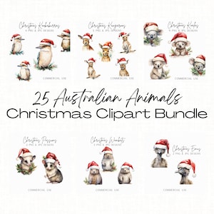 Bundle de cliparts Noël animaux australiens, bonnets de père Noël, koala, émeu, wombat, kookaburra, opossum, collection de cartes de Noël kangourou