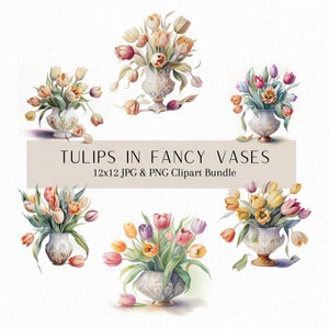 Tulipes dans des vases fantaisies Clipart Bundle, fleurs de Pâques, fête des mères, tulipe png, vases décoratifs, porcelaine, tulipe Clipart, téléchargement numérique