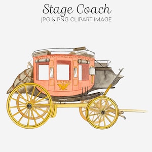 Stage Coach, Wells Fargo and Co Overland Stage, US Mail Carrier, Vintage Clipart para Ephemera, Papelería, Diario, 1935 Rose Campbell Gerke