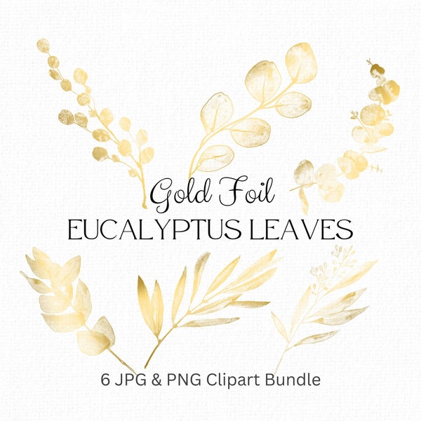Gold Foil Eucalyptus Branch Clipart Bundle, Delicate Gold Leaf Design Elements, Botanical Clipart, Eucalyptus png, DIY Logo, Invitations