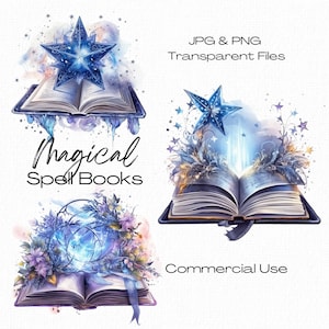 Watercolor magic book, spell book, fairy book. Digital clipa