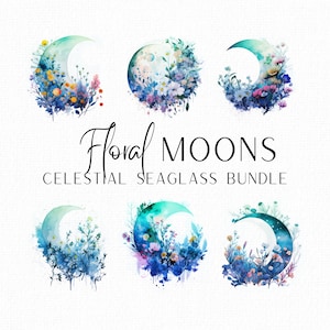 Celestial Seaglass Floral Moon Clipart Bundle Watercolour Lunar Clip Art Flowers and Moon Blue Green Moon Crest Full Moon PNG Clipart Set