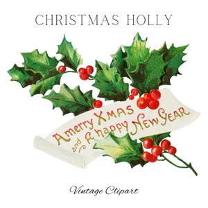 Un joyeux Noël et une bonne année Clipart de Noël vintage Message de Noël Baies de houx Fruit Saisons Voeux de Noël vintage png