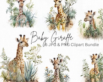 Baby Giraffe Clipart Bundle Cute Baby African Savannah Animals Giraffe png Baby Shower Invitation Clipart Birthday Cards Gift Tags Stickers