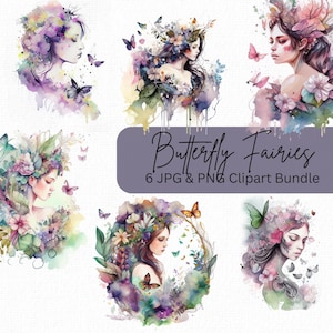 Schmetterling Fee Clipart Bundle, Feen png, Elegante Aquarell Feen, Scrapbooking, Decoupage, DIY Karten, Journals, Fantasy Clipart