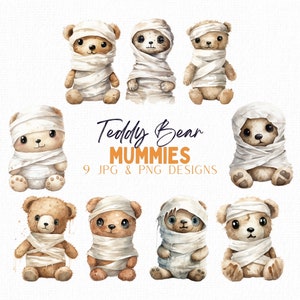 Halloween Mummy Clipart Bundle, Mummies png, Halloween Sublimation Design, Teddy Bear Clipart, Halloween PNG for shirts, Commercial Use