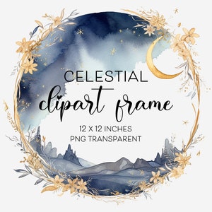 Cadre bleu or céleste Clipart aquarelle lune étoiles guirlande de fleurs Clipart Invitation bordure carte de voeux téléchargement utilisation commerciale