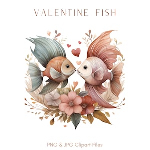 バレンタインの魚のクリップアート – 花のアクセントが付いたロマンチックな魚のカップル、DIY クラフト、スクラップブッキング、昇華、カード用のデジタルダウンロード