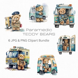 Paramedic Teddy Bear Clipart, Ambulance Medical Occupation Clip Art, Watercolour Cute Teddies, Scrapbooking, Cards, Wall Art, Commercial Use