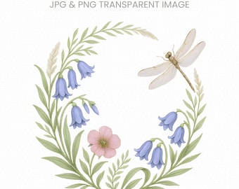 ブルーベルのリースのクリップアート、透明な背景の野生の花のPNG、植物の花のフレーム、パステルカラーの春のリース、デジタルトンボアート