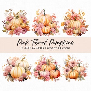 Thanksgiving Clipart Watercolor Autumn Pink Floral Watercolor Pumpkin Clipart, Halloween Clipart Fall Autumn Clipart Pink and Gold Pumpkins