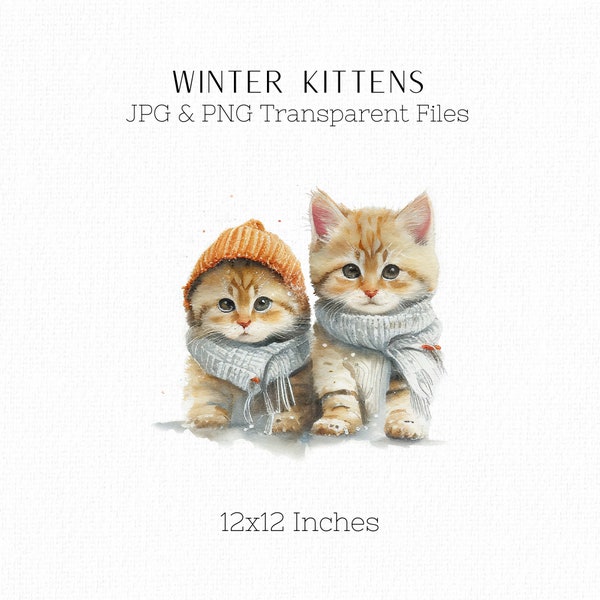 Ginger Tabby Cat Clipart, Cute Kittens Dressed for Winter, Kitten Wearing Beanie, Watercolour Kittens, Cat Lovers Art Print, Commercial Use