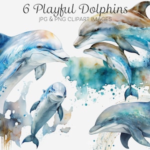 Aquarell Delfine Clipart Wand Kunst Poster Papier Basteln Bilder Magische Fantasy Kunst Mama und Baby Delfin Verspielt Himmlische Delfine