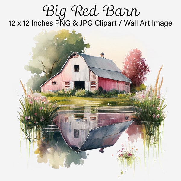 Red Barn Clipart Image, Pond Reflection, Scenic Clipart, Barn png, Old Farm Building, Agriculture, Fall Farmhouse Wall Decor, Autumn Clipart