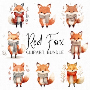 Clipart bébé renard roux portant une écharpe en téléchargement numérique Bundle de cliparts chambre d'enfant Art mural numérique Clipart mignon animal Clipart renard aquarelle
