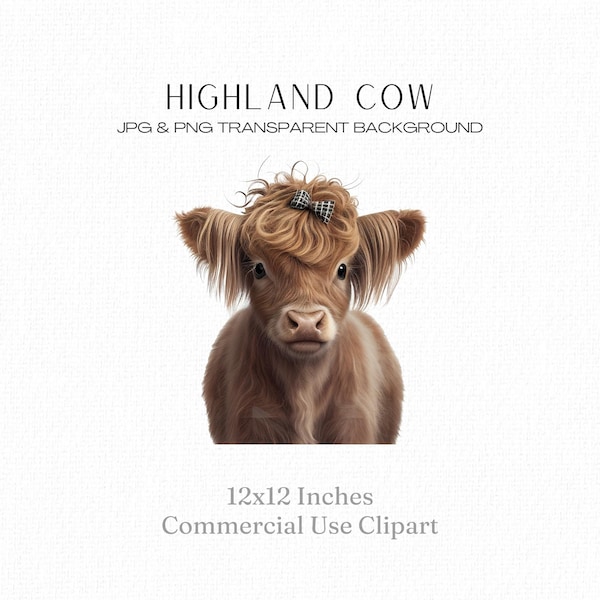 Highland Cow Clipart Scottish Cow Cute Cow Shaggy Cow Bow Highland png Cow png Wall Art Poster Digital Papercraft 12x12 Inch Commercial Use