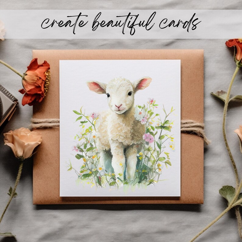 May include: A watercolor painting of a white lamb standing in a field of flowers. The lamb has a pink nose and hooves and is surrounded by white and pink flowers.