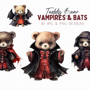 Halloween Vampire Clipart Bundle, Vampires png, Halloween Sublimation Design, Cute Teddy Bear Costume Clipart Bat Clipart Halloween Bat Wing