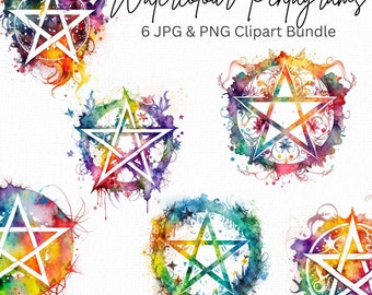 五芒星のクリップアート バンドル 水彩クリップアート ペンタアルファ 五角形 星 五角形 ウィッカの神秘的な領域 魔法のデザイン 魔術 昇華