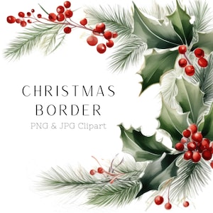 Bordure de Noël, clipart houx aux fruits rouges, cadre de Noël, bordure de page, bordure carrée, branches de sapin, sublimation de Noël de baies de Noël