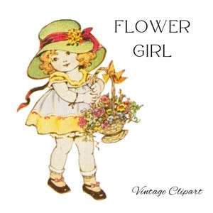Bambina vintage con cesto di fiori, Clipart di ragazza carina, Design di biglietti di compleanno, Inviti per feste per bambini, Bambini, Collage, Clip Art effimera