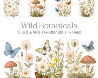 Wild Botanical Clipart Bundle, Cottagecore Mushroom PNGs, Butterfly Flowers, Vintage Nature Graphics, Sublimation, Boho Printable Set