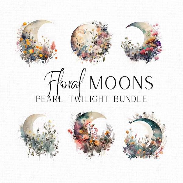 Floral Moon Clipart Bundle Moon Crest Clip Art Watercolour Flowers and Moon Full Moon Moon Sublimation png Files Moon Tshirt Lunar DIY Decor