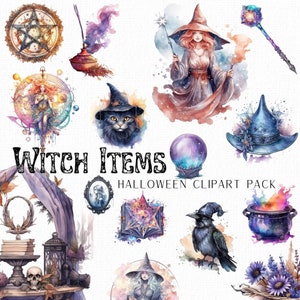 Sorcière d'Halloween, clipart Halloween, articles de sorcière, lot de cliparts mystique, clipart sorcellerie céleste sorcière, lot de sorcière, aquarelle païenne