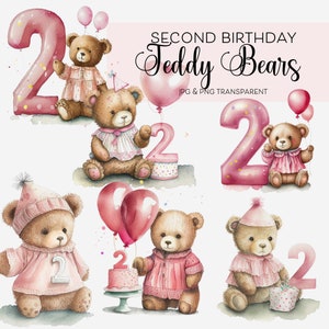 Carte d'anniversaire bébé fille 2 ans ours en peluche en robes roses Anniversaire filles deuxième anniversaire Carte d'anniversaire Invitation fête Clipart Bundle