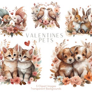 Clipart de animales de San Valentín: lindas mascotas enamoradas: pájaros, gatitos, cachorros, conejos, descarga digital para álbumes de recortes y manualidades, tarjetas