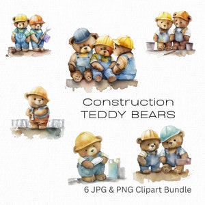 Ours en peluche de la construction, casque, ouvriers du bâtiment, nounours mignons, aquarelle, lot de 6 cliparts, oeuvre d'art imprimable à usage commercial