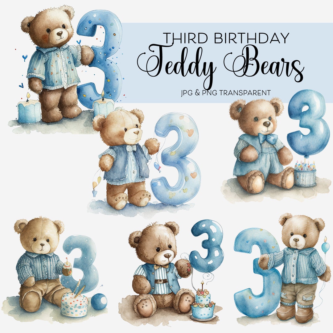 Birthday Boy Clipart 3 Year Old Clipart Bundle Watercolor Bear Teddy ...