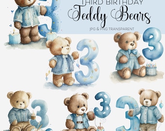 Birthday Boy Clipart 3 Year Old Clipart Bundle Watercolor Bear Teddy Bear Clipart Birthday Gift For 3 Year Old Card 3rd Birthday Party