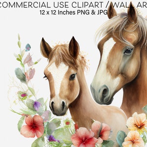 Fohlen und Mama Pferd Aquarell Clipart, Blumen Pferde, Pferdeliebhaber Wandkunst, digitale Pferde, Baby Pferd Kinderzimmer Dekor, Kunst für kommerzielle Nutzung
