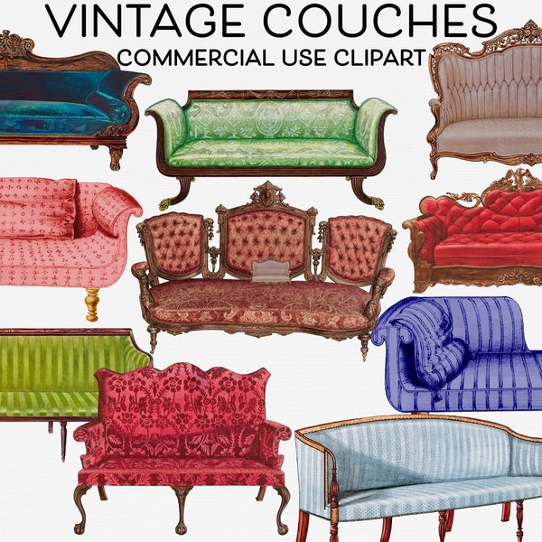 Vintage Fancy Couch Clipart Bundle, Royal Furniture, Sofa png, Luxury Furniture Settee Images, Commercial Use Victorian Junk Journal Clipart