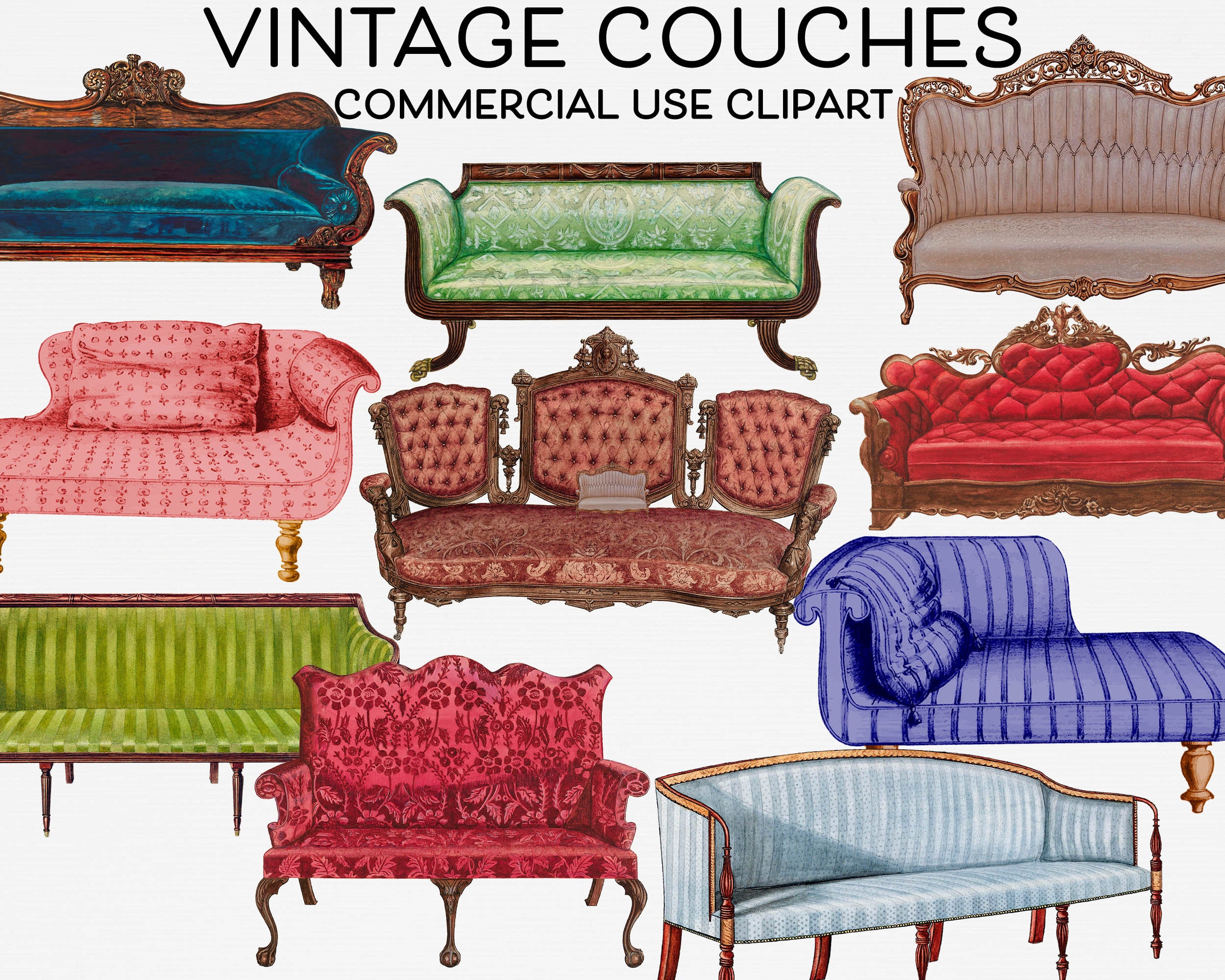 Vintage Fancy Couch Clipart Bundle Royal Furniture Sofa Png Etsy UK