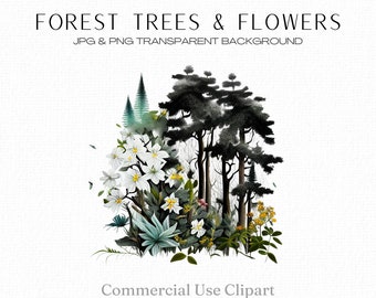 Arbres forestiers, fleurs de la forêt, Clipart Nature, fleurs png, aquarelle forêt, bois, réserve naturelle, Clipart botanique, usage Commercial